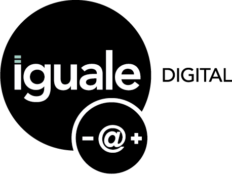 Logo da Iguale Digital: sobre um círculo preto, o nome Iguale está escrito em branco, com letras minúsculas, e tem em verde claro, o ícone representativo do sinal de igual, que são duas barrinhas paralelas horizontais, fazendo a função do pingo da letra i. Ao lado, a palavra DIGITAL, escrito em preto, com letras maiúsculas, sobre o fundo branco desta área do site. Um outro círculo preto e menor, com parte sobreposta ao círculo maior e abaixo do nome Iguale, apresenta os ícones (- @ +) em branco.